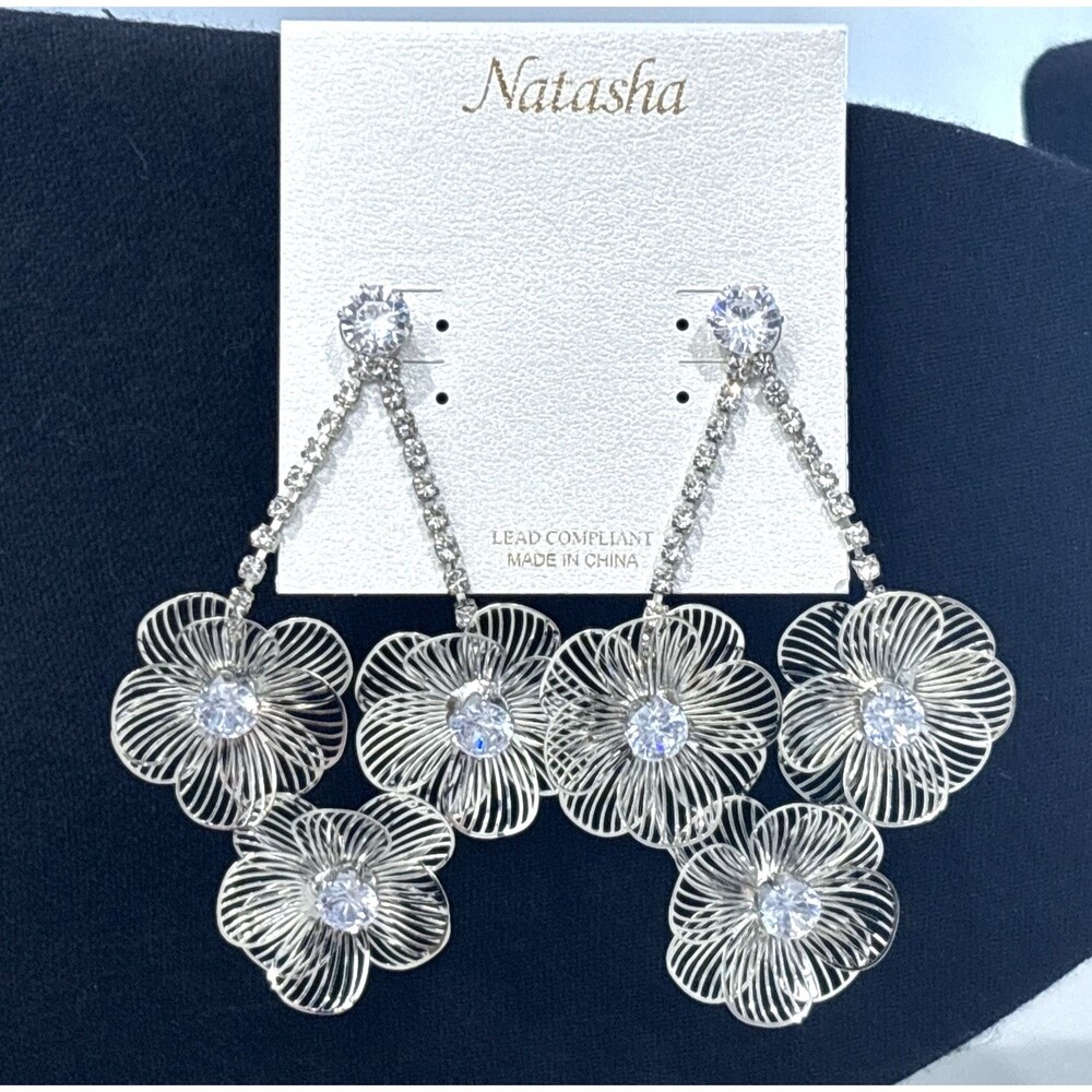 Natasha Silver Tone Wire Floral Rhinestone Statement Earrings NWT